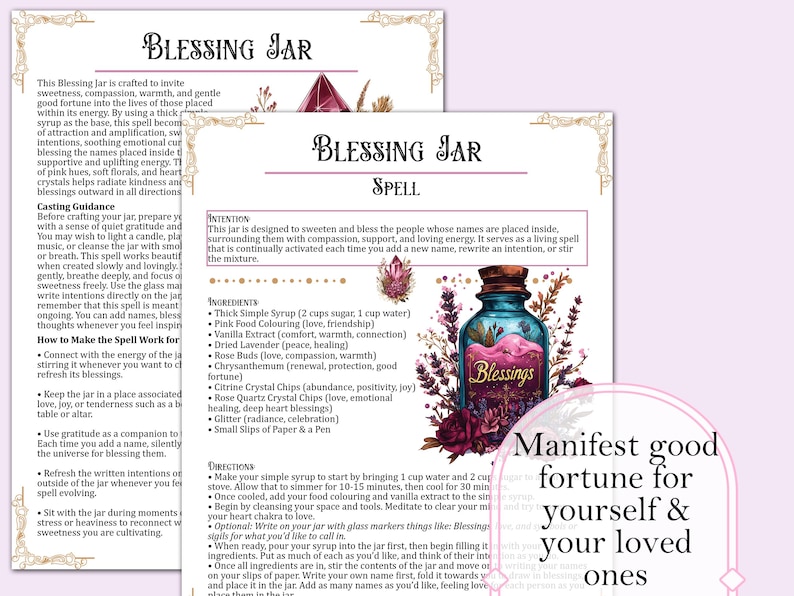 May include: A Blessing Jar spell guide with a teal jar labeled "Blessings" surrounded by flowers. The guide includes ingredients like syrup, crystals, and lavender. Text reads "Manifest good fortune for yourself & your loved ones."