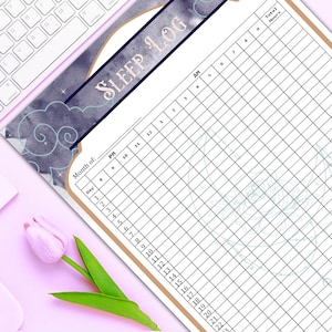 May include: A printable sleep log with a watercolor background featuring clouds and stars. The log has columns for the month, day, and hours from 2 AM to 10 PM. The text "SLEEP LOG" is at the top of the page.
