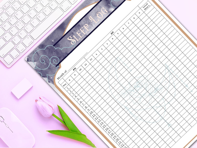 May include: A printable sleep log with a watercolor background featuring clouds and stars. The log has columns for the month, day, and hours from 2 AM to 10 PM. The text "SLEEP LOG" is at the top of the page.