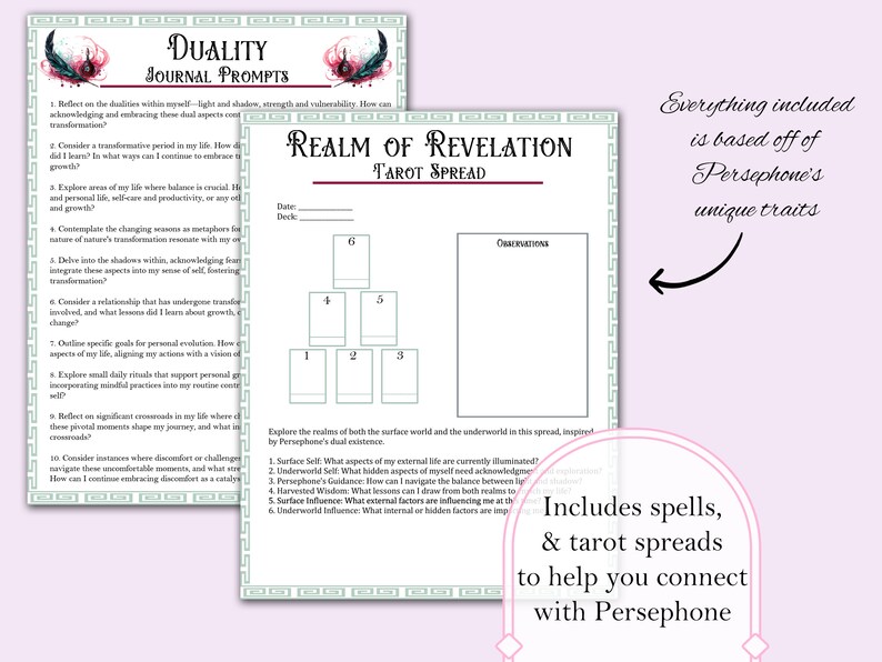 May include: A printable tarot spread worksheet with a green and white border. The title is "Realm of Revelation Tarot Spread". The worksheet includes a grid with six boxes for tarot cards and a space for observations. The text "Everything included is based off of Persephone's unique traits" is in the upper right corner. The text "Includes spells, & tarot spreads to help you connect with Persephone" is in the lower right corner.