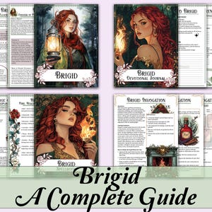Könnte beinhalten: Ein vollständiger Leitfaden mit dem Titel "Brigid" mit Illustrationen einer rothaarigen Frau. Der Leitfaden enthält ein Andachtsjournal, ein Zauberbuch und Invokationsseiten. Das Cover-Artwork zeigt florale Akzente und den Text "Brigid".