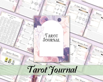 May include: A printable tarot journal with a galaxy and floral design. The journal includes pages for daily readings, sample readings, card spreads, and a tarot cheat sheet.