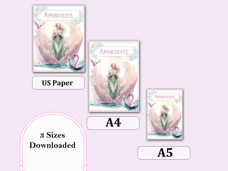 May include: A digital download of three printable images featuring a mermaid with a swan in a seashell. The images are available in US paper, A4, and A5 sizes. The text "APHRODITE" is at the top of each image.