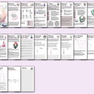 May include: A printable guide to working with the Greek goddess Aphrodite. The guide includes rituals, invocations, prayers, offerings, tarot spreads, and journaling prompts. The guide features a watercolor illustration of Aphrodite.