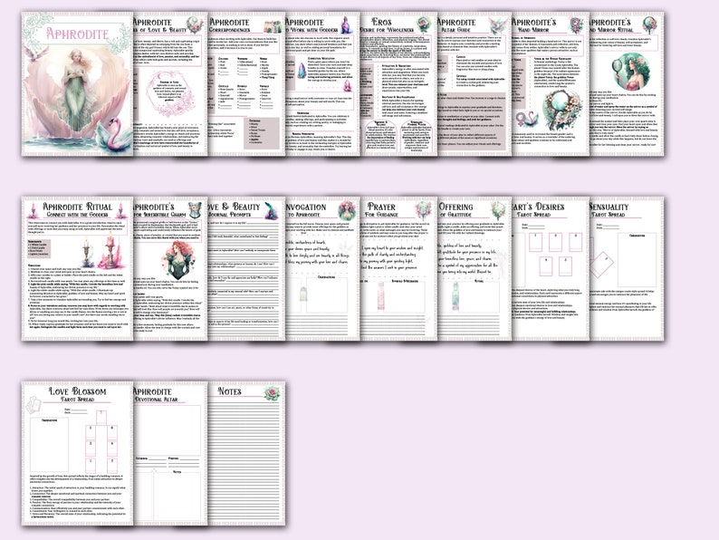 May include: A printable guide to working with the Greek goddess Aphrodite. The guide includes rituals, invocations, prayers, offerings, tarot spreads, and journaling prompts. The guide features a watercolor illustration of Aphrodite.