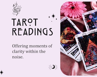 May include: Tarot cards with colorful designs and text, including "Inner Voice", "Be Kind", "Inferior", and "Needs... Filling the". The cards are on a pink surface with a flower.