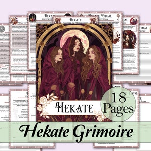 May include: An 18-page Hekate Grimoire with a cover featuring three women in red robes standing in front of a full moon. The grimoire includes sections on Hekate's Connect, Hekate Ritual, Hekate's Path, and more.