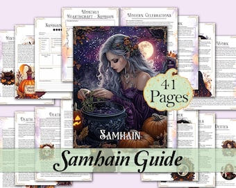 May include: A 41-page Samhain guide featuring a collection of printed sheets with text and illustrations. The cover displays a person with long hair stirring a black cauldron surrounded by pumpkins under a full moon, with the text Samhain.