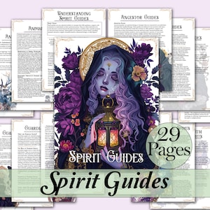 Puede incluir: Una ilustración digital de una mujer con cabello morado y un vestido azul sosteniendo una linterna. La imagen está rodeada de flores moradas y el texto "Spirit Guides" está escrito en letras doradas. El texto "29 Pages" también está incluido en la imagen.