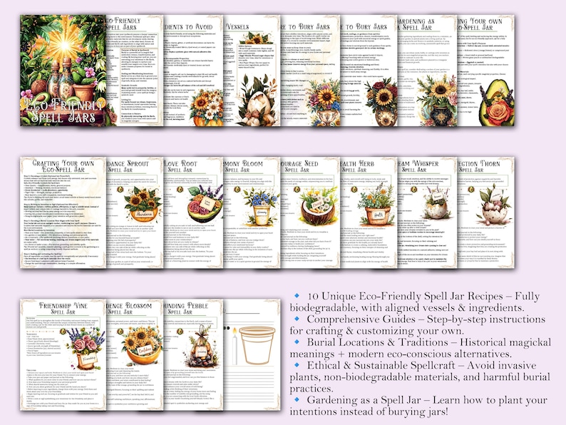10 Unique Eco-Friendly Spell Jar Recipes – Fully biodegradable, with aligned vessels & ingredients.
Comprehensive Guides – Step-by-step instructions for crafting & customizing your own.
Burial Locations & Traditions – Historical magickal meanings + modern eco-conscious alternatives.
Ethical & Sustainable Spellcraft – Avoid invasive plants, non-biodegradable materials, and harmful burial practices.
Gardening as a Spell Jar – Learn how to plant your intentions instead of burying jars!