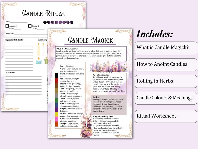May include: A printable worksheet for candle magic rituals. The worksheet includes instructions on how to anoint candles, roll them in herbs, and use different candle colors for specific intentions. The worksheet also includes a section on candle colors and their meanings.