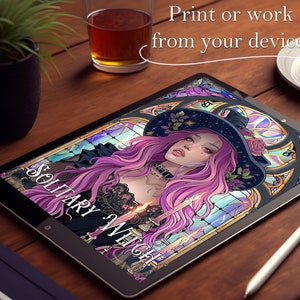 May include: A digital illustration of a woman with long pink hair wearing a black witch hat and a black dress. The illustration is in a stained glass style with a blue, purple, and pink color scheme. The text "Solitary Witch" is written in a gothic font on the image.