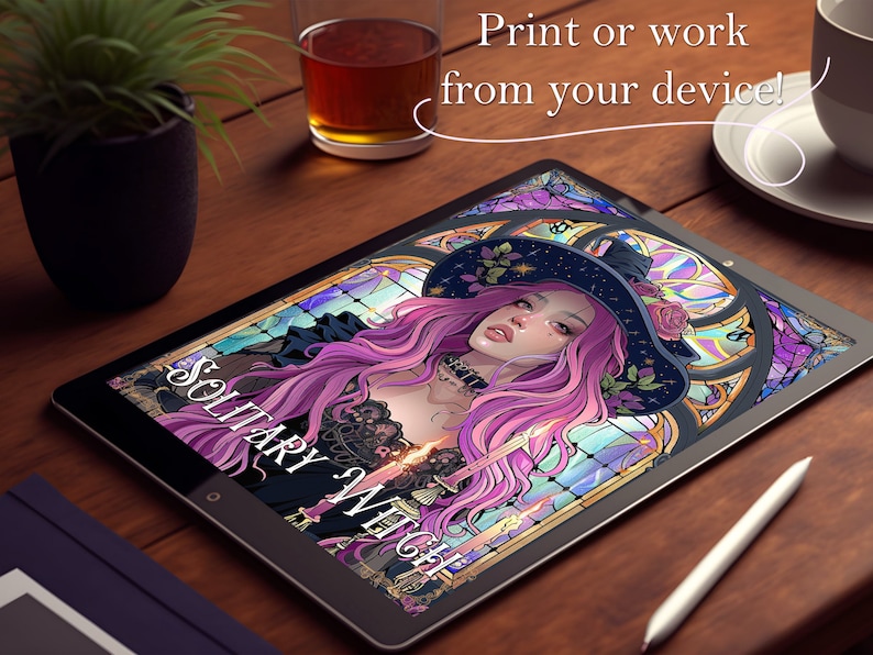 May include: A digital illustration of a woman with long pink hair wearing a black witch hat and a black dress. The illustration is in a stained glass style with a blue, purple, and pink color scheme. The text "Solitary Witch" is written in a gothic font on the image.