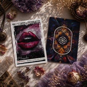 Puede incluir: Dos cartas de or&aacute;culo rectangulares con dise&ntilde;os art&iacute;sticos. Una carta muestra un par de labios de color rosa oscuro con el texto "Misspoken" y "Spoken words echo forever". La segunda carta muestra un patr&oacute;n de mandala geom&eacute;trico con una flor de la vida.