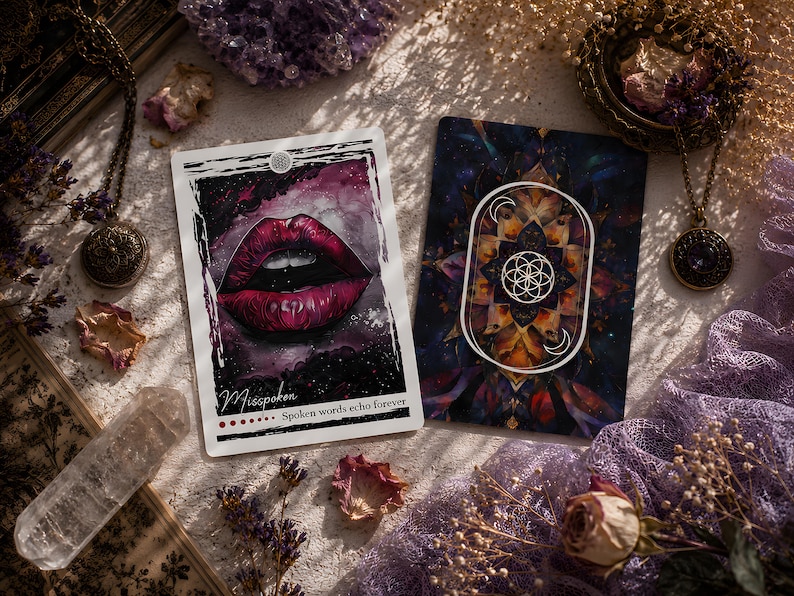 Puede incluir: Dos cartas de or&aacute;culo rectangulares con dise&ntilde;os art&iacute;sticos. Una carta muestra un par de labios de color rosa oscuro con el texto "Misspoken" y "Spoken words echo forever". La segunda carta muestra un patr&oacute;n de mandala geom&eacute;trico con una flor de la vida.