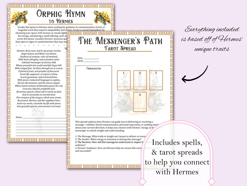 Includes spells,
& tarot spreads
to help you connect
with Hermes