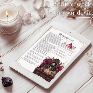 May include: A digital tablet displays a document titled "Blessing Jar" with illustrations of a barn and a cabinet. The tablet is on a light wood surface, surrounded by a lit candle, crystals, and dried flowers. Text on the screen reads "Print or work from your device!"