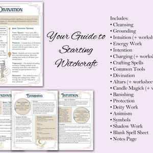 May include: A printable guide to starting witchcraft with a list of topics including cleansing, grounding, intuition, energy work, intention, charging, crafting spells, common tools, divination, altars, candle magick, banishing, protection, deity work, animism, symbols, shadow work, a blank spell sheet, and a notes page.