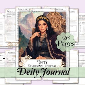 May include: A devotional journal with 26 pages, featuring a portrait of a woman in a dark gown and gold crown. The journal is titled "Deity Devotional Journal" and includes sections for reflections, invocations, and spells.