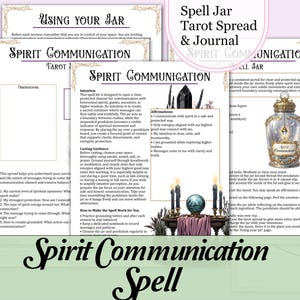 May include: A collection of printed pages with text and illustrations related to spirit communication and tarot. The pages feature titles like "Spirit Communication" and "Spell Jar Tarot Spread & Journal." A decorative jar and candles are also visible.