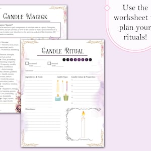 May include: A printable worksheet for candle magic rituals. The worksheet includes a chart of candle colors and their associated meanings, a section for planning a candle ritual, and a space to list ingredients and tools. The worksheet is decorated with a floral design.