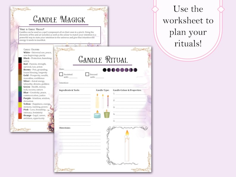 May include: A printable worksheet for candle magic rituals. The worksheet includes a chart of candle colors and their associated meanings, a section for planning a candle ritual, and a space to list ingredients and tools. The worksheet is decorated with a floral design.