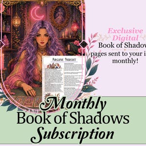 May include: A digital illustration of a person with long purple hair wearing a pink robe, sitting at a table with tarot cards. A document titled Arcane Insight is displayed. Text reads: Exclusive Digital Book of Shadows pages sent to your inbox monthly! Monthly Book of Shadows Subscription.
