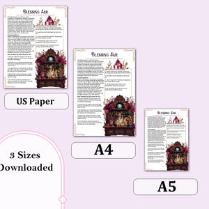 May include: Three printable "Blessing Jar" guides in US Paper, A4, and A5 sizes. Each features text and a decorative illustration of a cabinet with candles and flowers. The text includes instructions and affirmations.