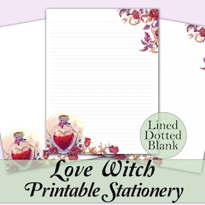 Wydrukowalne artykuły piśmiennicze | Liniowane, kropkowane, puste strony - A4, A5, rozmiary papieru US - PDF i JPEG | Dziennik Love Witch - Wydrukowalne strony