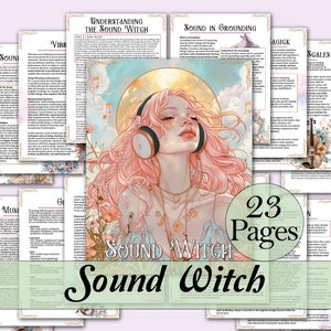 May include: A digital illustration of a woman with pink hair wearing headphones. The illustration is surrounded by text that says "Sound Witch" and "23 Pages". The text is in a decorative font and has a vintage aesthetic.