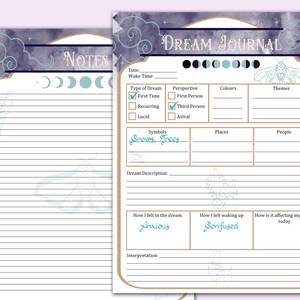 May include: A printable dream journal page with a watercolor background of clouds and stars. The page includes sections for date, wake time, type of dream, perspective, symbols, places, people, dream description, how you felt in the dream, how you felt waking up, and how it is affecting your mood today. The page also includes a section for interpretation.