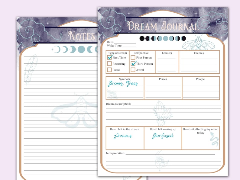 May include: A printable dream journal page with a watercolor background of clouds and stars. The page includes sections for date, wake time, type of dream, perspective, symbols, places, people, dream description, how you felt in the dream, how you felt waking up, and how it is affecting your mood today. The page also includes a section for interpretation.