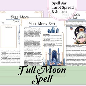 Pode incluir: Um spread de tarot de feitiço de lua cheia e um diário imprimíveis com ilustrações de aquarela de cristais, velas e um frasco iluminado pela lua. O texto inclui afirmações, instruções e um espaço para manter um diário.