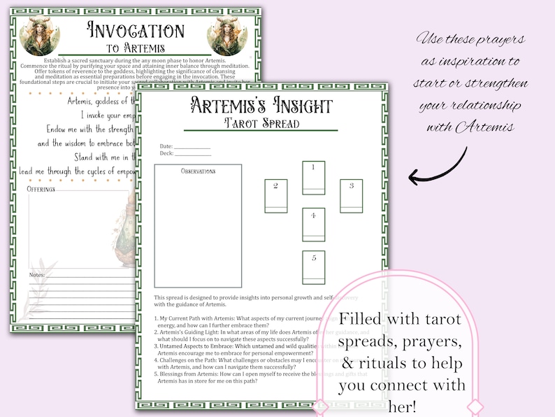 May include: A printable tarot spread designed for personal growth and self-discovery with the guidance of Artemis. The spread is titled "Artemis's Insight" and includes five cards with numbers 1 through 5. The spread is printed on a white background with a green border.