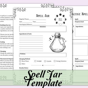 Op de afbeelding: Zwart-wit afdrukbare spreukpot sjabloon met instructies en invulsecties. De sjabloon bevat secties voor intentie, ingrediënten en oplaadmethoden. De woorden "Spell Jar Template" staan onderaan.