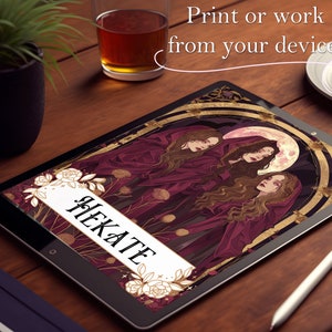 May include: Digital illustration of three women in red robes with gold accents, standing in front of a full moon. The women are surrounded by flowers and vines. The text "HEKATE" is written in gold lettering on a white banner.