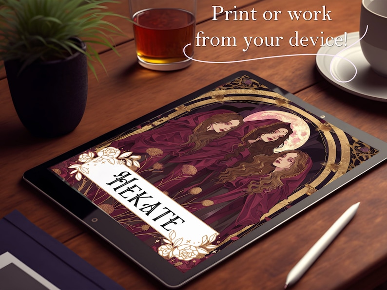 May include: Digital illustration of three women in red robes with gold accents, standing in front of a full moon. The women are surrounded by flowers and vines. The text "HEKATE" is written in gold lettering on a white banner.