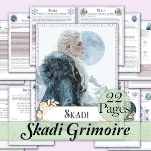 May include: A digital printable guide to the Norse goddess Skadi, featuring a watercolour illustration of Skadi with a wolf and a moon. The guide includes 22 pages of information about Skadi, including her mythology, how to work with her, and how to invoke her.
