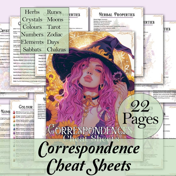 Witchcraft Correspondence Cheat Sheets | Reference Pages for Herbs, Crystals, Colours, Tarot, Sabbats, Runes, and More! - Printable Pages