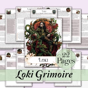 Może przedstawiać: 22-stronicowy, drukowalny grimoire przedstawiający Lokiego, nordyckiego boga psot, w zielono-czerwonej kolorystyce. Okładka zawiera ilustrację Lokiego siedzącego na tronie ze węży i otoczonego czerwonymi różami.