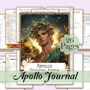 Puede incluir: Un "Diario devocional de Apolo" de 26 páginas, con un retrato de un hombre con una corona floral y girasoles. El diario incluye páginas con texto e ilustraciones, con el título "Apollo Journal" en la parte inferior.
