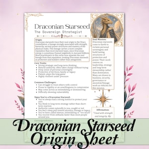 May include: A printed information sheet titled Draconian Starseed: The Sovereign Strategist. The document features a circular illustration of a dragon-like figure, sections detailing origin, core traits, common challenges, soul mission, and an affirmation.
