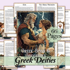May include: A collection of 66-page guides on Greek Gods & Goddesses, featuring illustrations of Zeus and other deities. The guides have a decorative border and include detailed information. The title "Greek Gods & Goddesses" is displayed prominently.