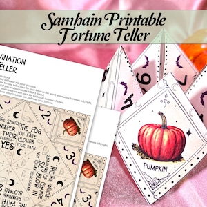 May include: A printable fortune teller game with a retro design. The fortune teller is folded into a pyramid shape and features a pumpkin, bats, and the words "The Spirits Whisper Their Blessings Yes" and "The Fog of Fate Clouds Your Path".
