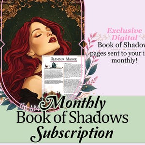 Op de afbeelding: Een digitale abonnementsadvertentie met een illustratie van een persoon met lang rood haar in een sierlijk kader. De tekst luidt: Exclusive Digital Book of Shadows pages sent to your inbox monthly! Monthly Book of Shadows Subscription.