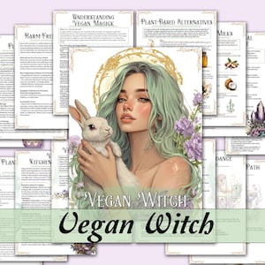 May include: A digital collage of text and images on a light purple background. The central image is a woman with green hair holding a white rabbit. The text includes the words "Vegan Witch" and "Understanding Vegan Magick".