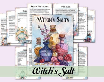 Pode incluir: Uma coleção de garrafas de vidro cheias de sais coloridos, etiquetadas como "Witch's Salts". As garrafas são cercadas por flores e ervas, com um fundo de aquarela. O texto "Witch's Salt" está escrito em uma fonte decorativa na parte inferior da imagem.