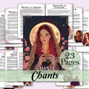 May include: A collection of 23-page spiritual guides titled "Chants." The central image features a woman with red hair holding a candle, set against a backdrop of a full moon and roses. The pages include text on topics like history of chanting and invocation.