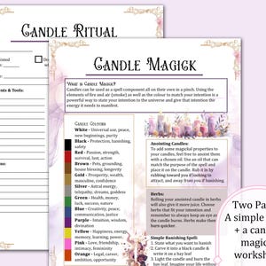 May include: A printable worksheet for candle magic rituals. The worksheet includes a section for the date, ingredients, tools, directions, and intentions. The worksheet also includes a guide to candle colors and their meanings, as well as instructions for anointing candles with herbs and oils. The worksheet is designed to help users perform candle magic rituals.