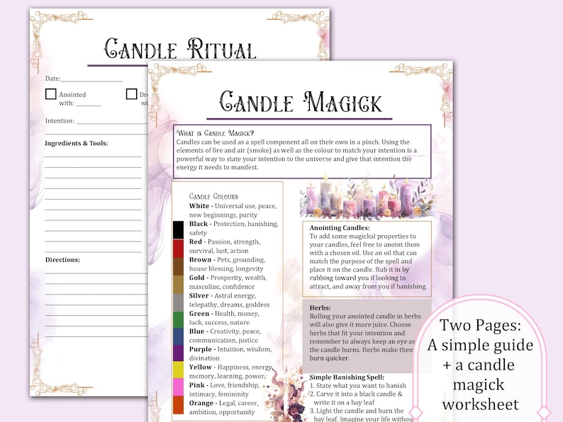 May include: A printable worksheet for candle magic rituals. The worksheet includes a section for the date, ingredients, tools, directions, and intentions. The worksheet also includes a guide to candle colors and their meanings, as well as instructions for anointing candles with herbs and oils. The worksheet is designed to help users perform candle magic rituals.
